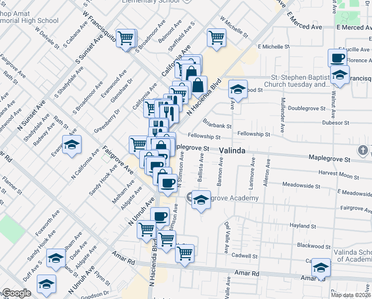 map of restaurants, bars, coffee shops, grocery stores, and more near 1358 North Stimson Avenue in La Puente