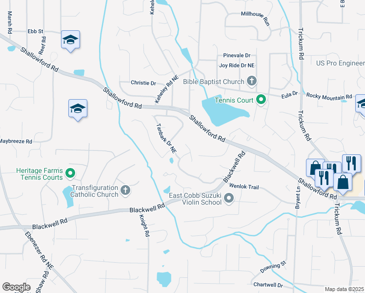 map of restaurants, bars, coffee shops, grocery stores, and more near 3897 Tanbark Court in Marietta