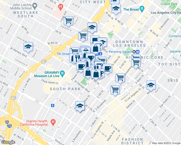 map of restaurants, bars, coffee shops, grocery stores, and more near 888 South Hope Street in Los Angeles
