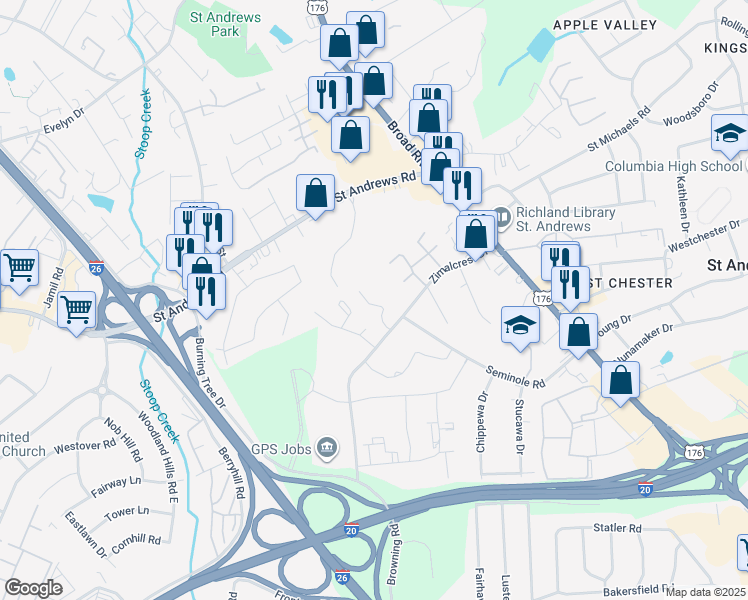 map of restaurants, bars, coffee shops, grocery stores, and more near 1161 Cloister Place in Columbia