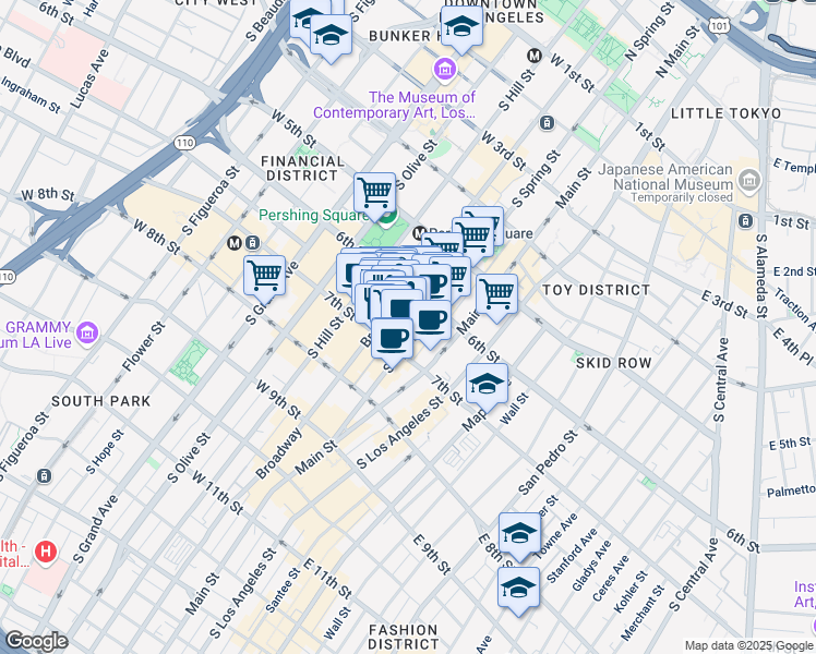 map of restaurants, bars, coffee shops, grocery stores, and more near 640 South Broadway in Los Angeles