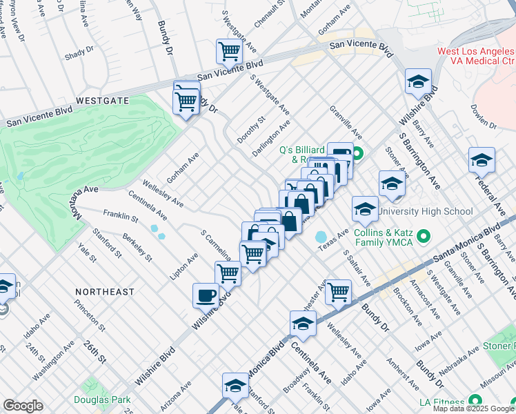 map of restaurants, bars, coffee shops, grocery stores, and more near 1101 South Gretna Green Way in Los Angeles