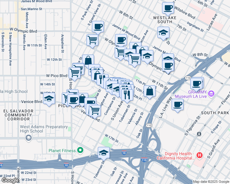 map of restaurants, bars, coffee shops, grocery stores, and more near 1707 West Pico Boulevard in Los Angeles