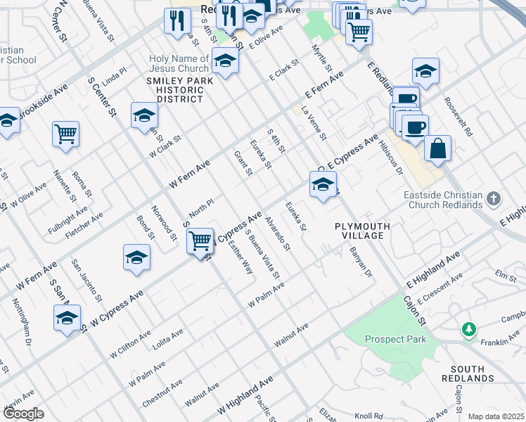map of restaurants, bars, coffee shops, grocery stores, and more near Alvarado Street in Redlands