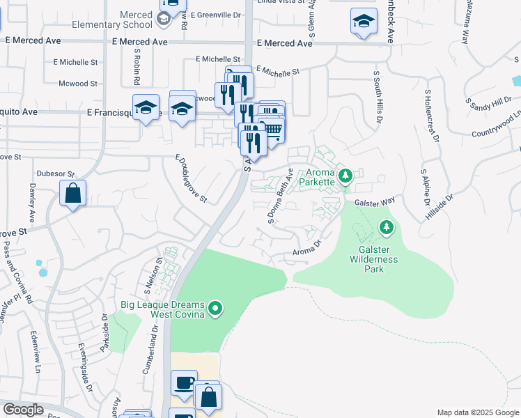 map of restaurants, bars, coffee shops, grocery stores, and more near 1808 Borrego Drive in West Covina