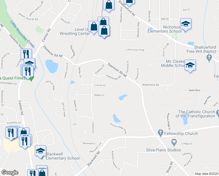 map of restaurants, bars, coffee shops, grocery stores, and more near 1186 Lincoln Drive in Marietta