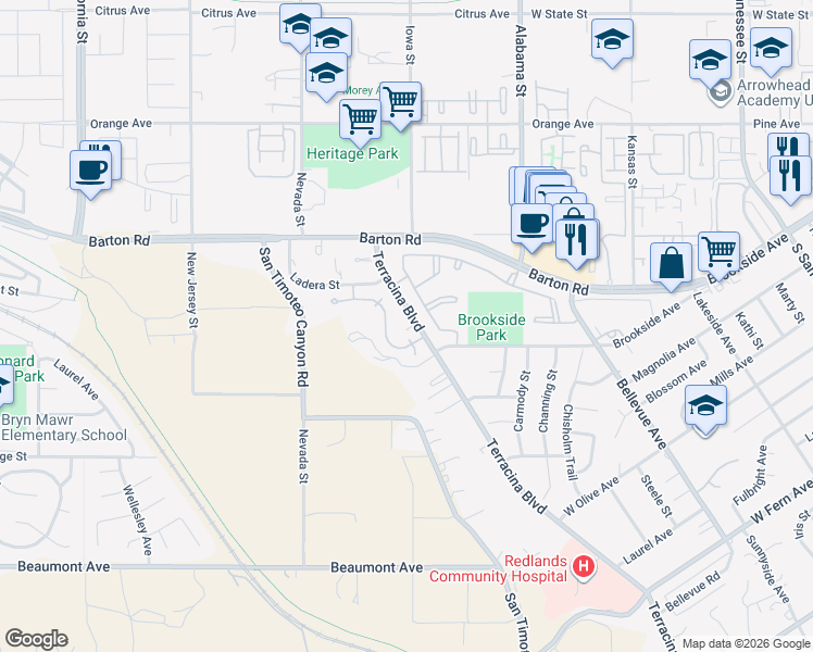 map of restaurants, bars, coffee shops, grocery stores, and more near 11460 Terracina Boulevard in Redlands