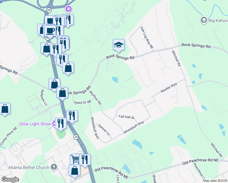 map of restaurants, bars, coffee shops, grocery stores, and more near 2583 Winslow Ridge Drive Northeast in Buford