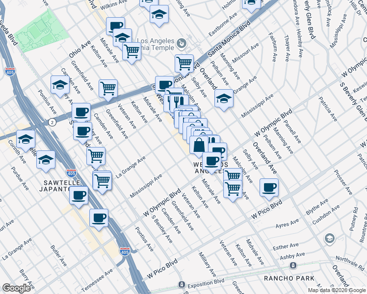 map of restaurants, bars, coffee shops, grocery stores, and more near 2034 Midvale Avenue in Los Angeles