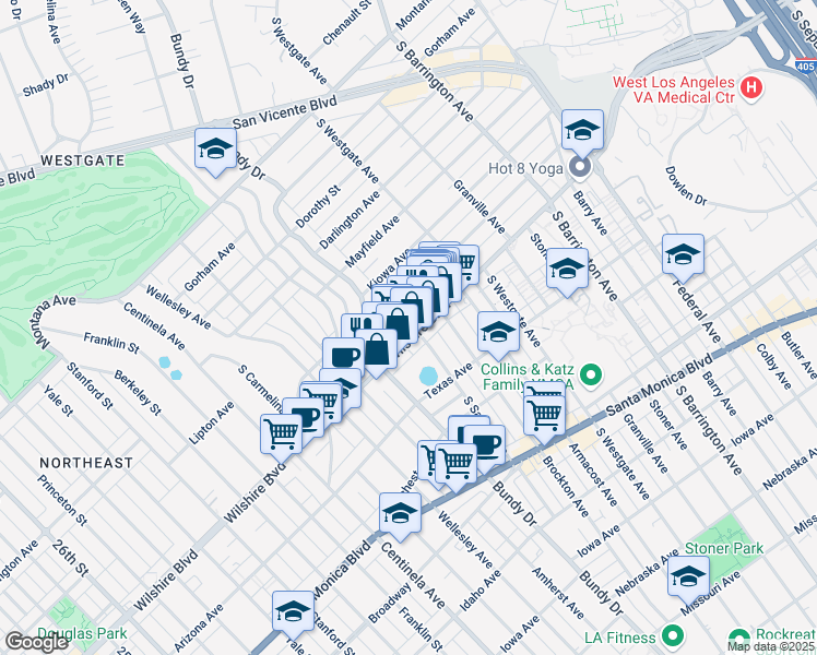 map of restaurants, bars, coffee shops, grocery stores, and more near 12036 Goshen Avenue in Los Angeles