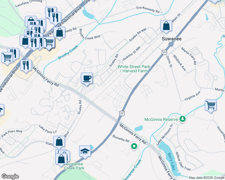 map of restaurants, bars, coffee shops, grocery stores, and more near 876 Farmstead Road in Suwanee