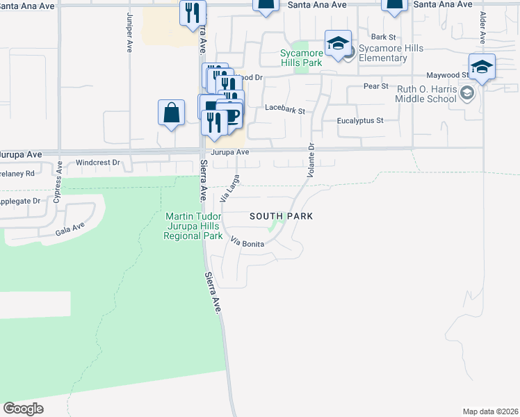 map of restaurants, bars, coffee shops, grocery stores, and more near 17074 La Vesu Road in Fontana