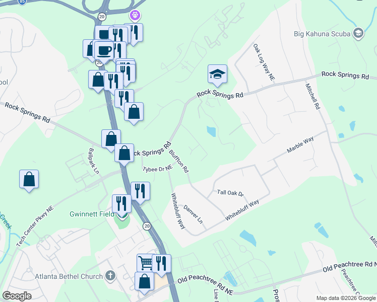 map of restaurants, bars, coffee shops, grocery stores, and more near 1366 Upshur Place Northeast in Buford