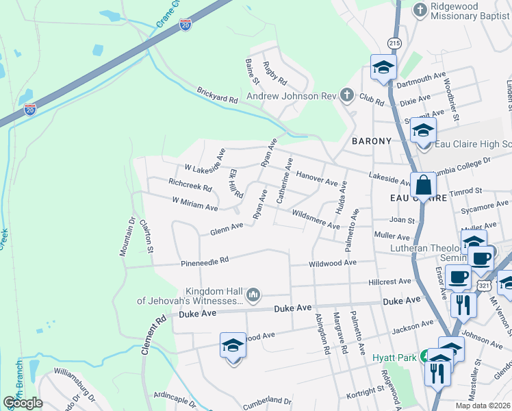 map of restaurants, bars, coffee shops, grocery stores, and more near 4315 Ryan Avenue in Columbia