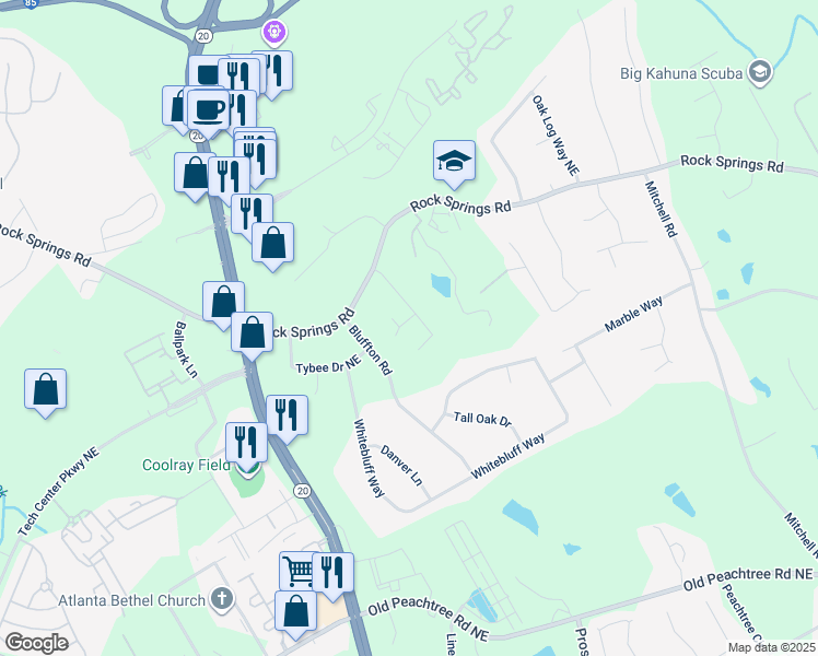map of restaurants, bars, coffee shops, grocery stores, and more near 1366 Upshur Place Northeast in Buford