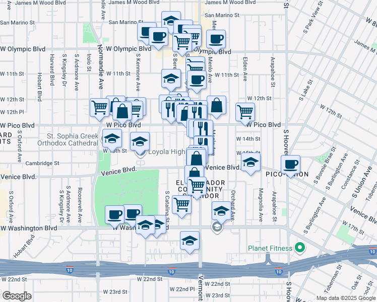 map of restaurants, bars, coffee shops, grocery stores, and more near 1424 South Berendo Street in Los Angeles