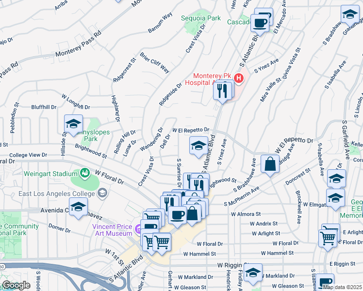 map of restaurants, bars, coffee shops, grocery stores, and more near 1480 South Sunrise Drive in Monterey Park