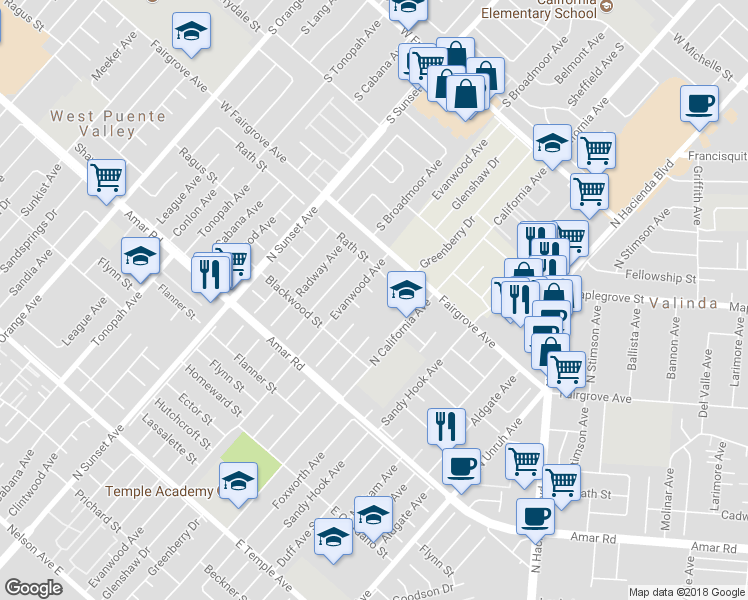 map of restaurants, bars, coffee shops, grocery stores, and more near 14818 Dancer Street in La Puente