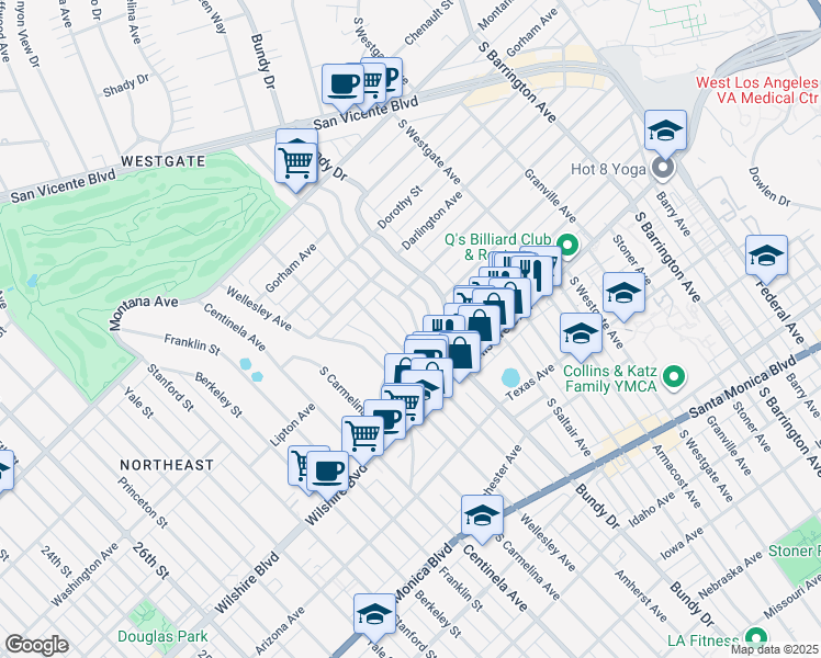 map of restaurants, bars, coffee shops, grocery stores, and more near 1101 South Gretna Green Way in Los Angeles