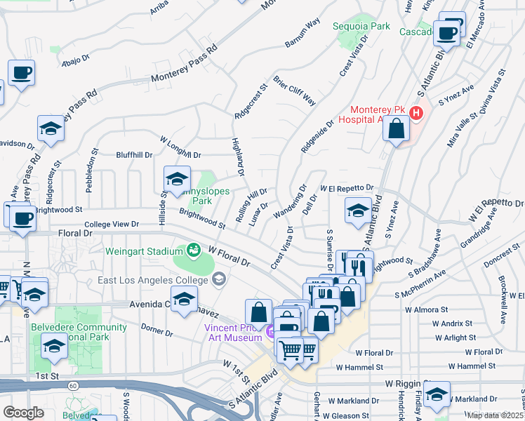 map of restaurants, bars, coffee shops, grocery stores, and more near 1530 Lunar Drive in Monterey Park