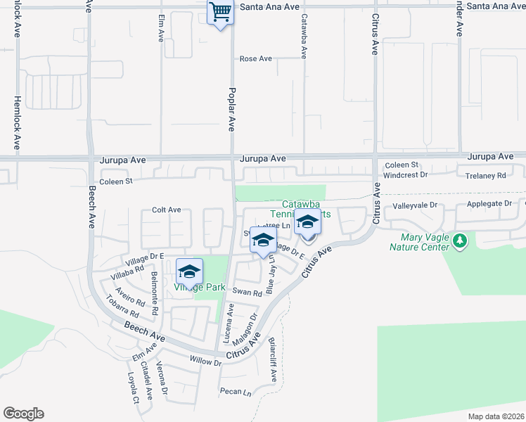map of restaurants, bars, coffee shops, grocery stores, and more near 15785 Fiddleleaf Road in Fontana