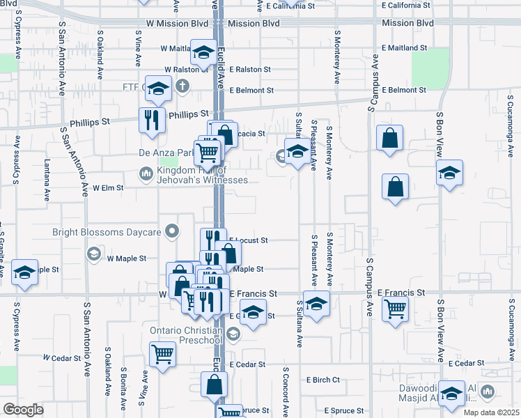 map of restaurants, bars, coffee shops, grocery stores, and more near 204 East De Anza Circle in Ontario