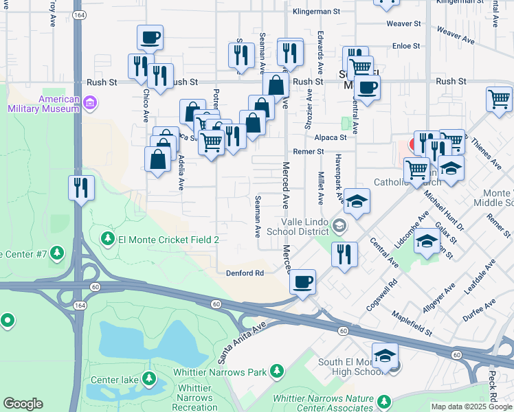 map of restaurants, bars, coffee shops, grocery stores, and more near 9903 Lawton Street in South El Monte