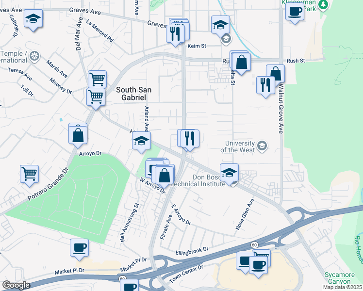 map of restaurants, bars, coffee shops, grocery stores, and more near 1425 San Gabriel Boulevard in Rosemead