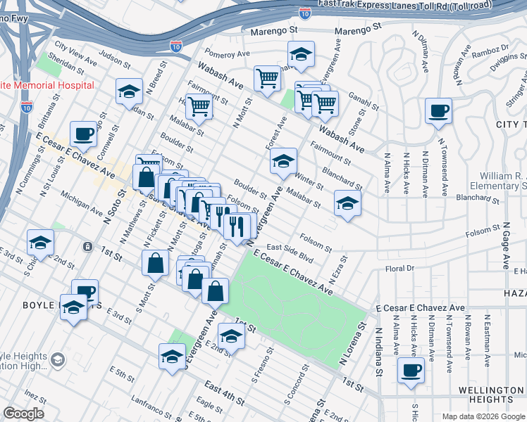 map of restaurants, bars, coffee shops, grocery stores, and more near 2825 Folsom Street in Los Angeles