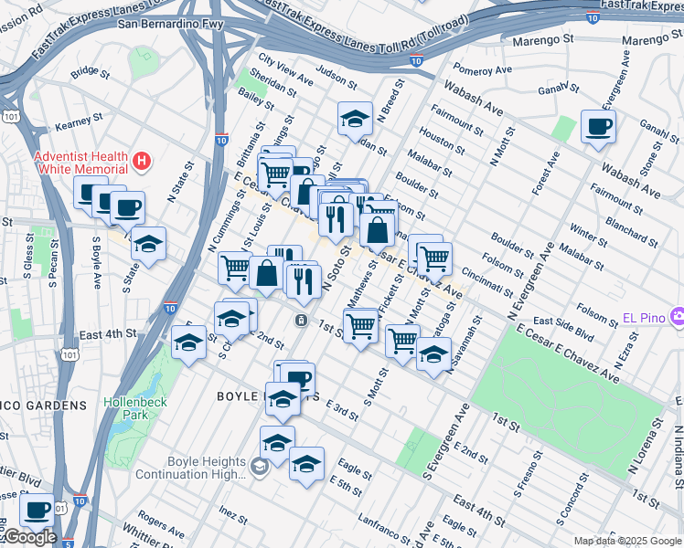 map of restaurants, bars, coffee shops, grocery stores, and more near 215 North Soto Street in Los Angeles