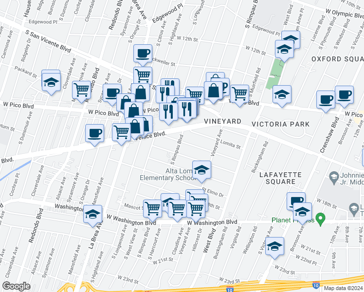 map of restaurants, bars, coffee shops, grocery stores, and more near 1655 South Rimpau Boulevard in Los Angeles