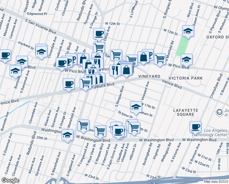 map of restaurants, bars, coffee shops, grocery stores, and more near 4843 West 17th Street in Los Angeles