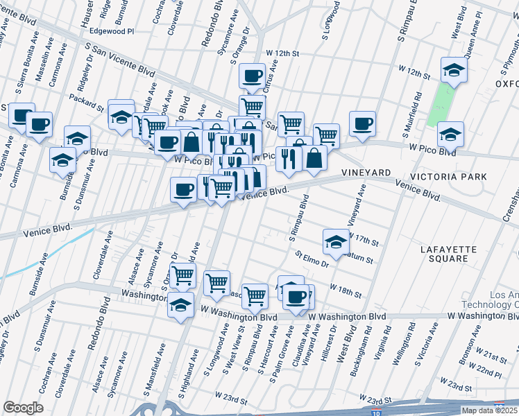 map of restaurants, bars, coffee shops, grocery stores, and more near in Los Angeles