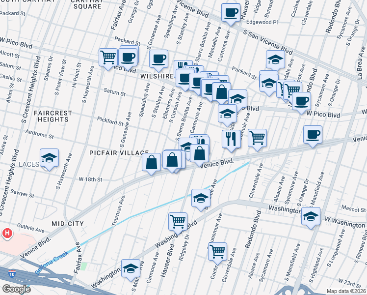 map of restaurants, bars, coffee shops, grocery stores, and more near 1570 Carmona Avenue in Los Angeles