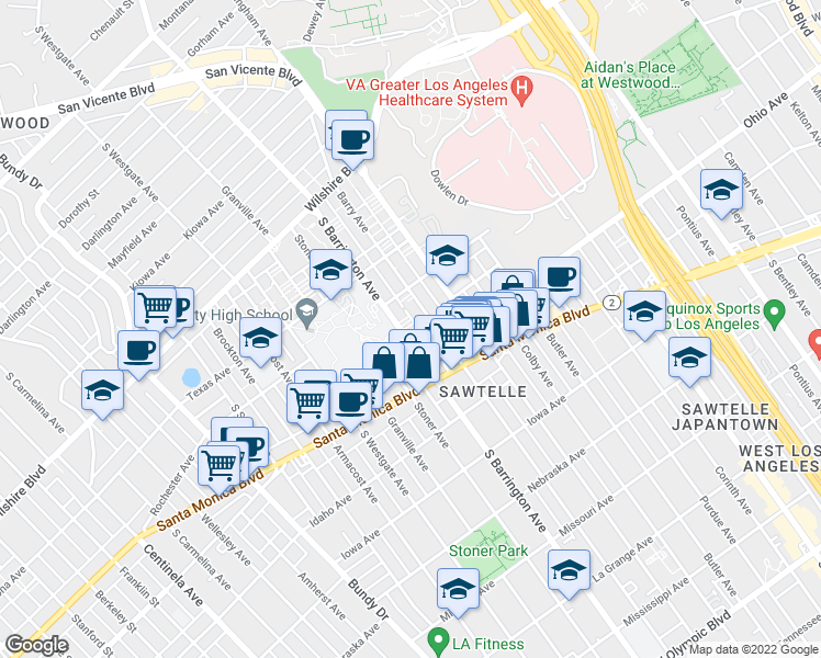 map of restaurants, bars, coffee shops, grocery stores, and more near 1443 Barry Avenue in Los Angeles