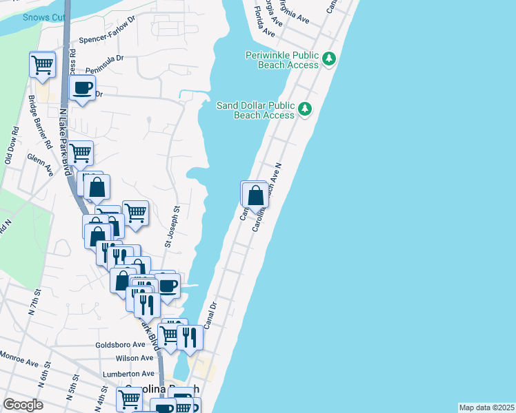 map of restaurants, bars, coffee shops, grocery stores, and more near 913 Carolina Beach Avenue North in Carolina Beach