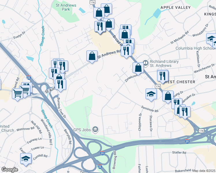 map of restaurants, bars, coffee shops, grocery stores, and more near 1161 Cloister Place in Columbia