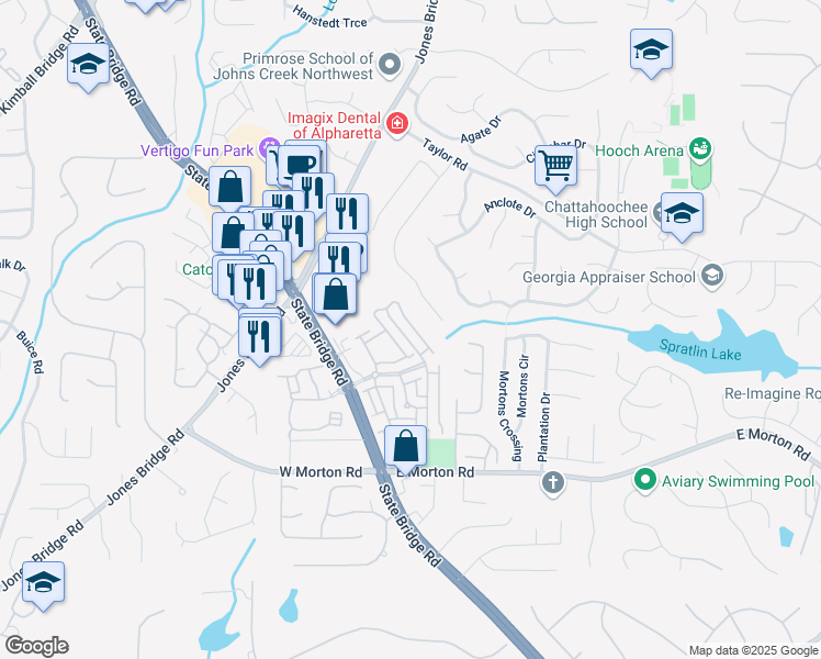 map of restaurants, bars, coffee shops, grocery stores, and more near 10855 Bossier Drive in Alpharetta