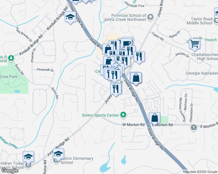 map of restaurants, bars, coffee shops, grocery stores, and more near 32102 Harvest Ridge Lane in Alpharetta