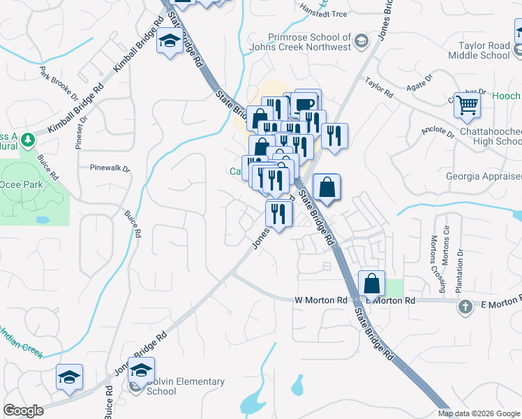 map of restaurants, bars, coffee shops, grocery stores, and more near 32104 Harvest Ridge Lane in Alpharetta