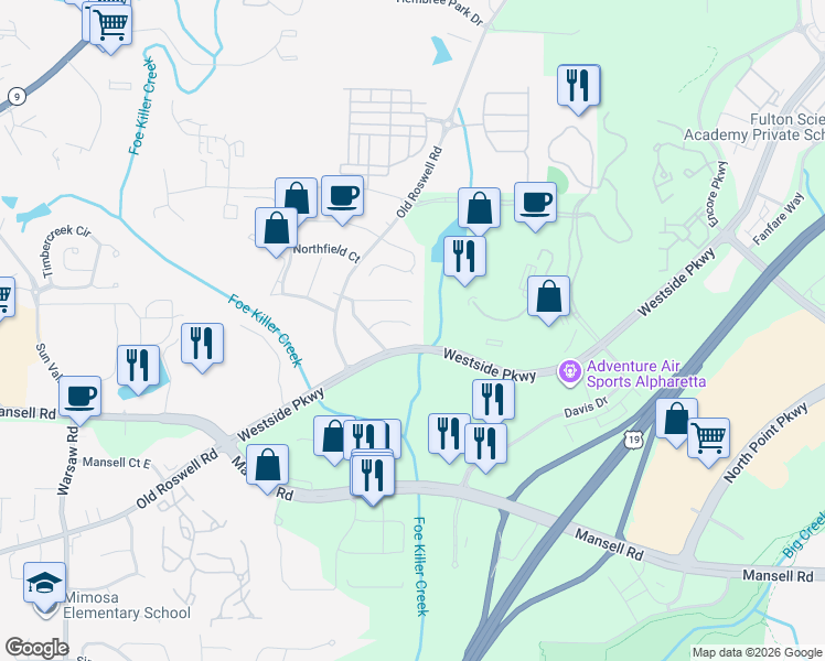 map of restaurants, bars, coffee shops, grocery stores, and more near 1270 Hanover Place in Alpharetta