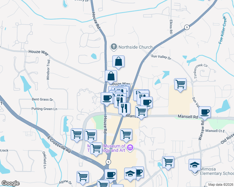 map of restaurants, bars, coffee shops, grocery stores, and more near 515 Fairview Circle in Roswell
