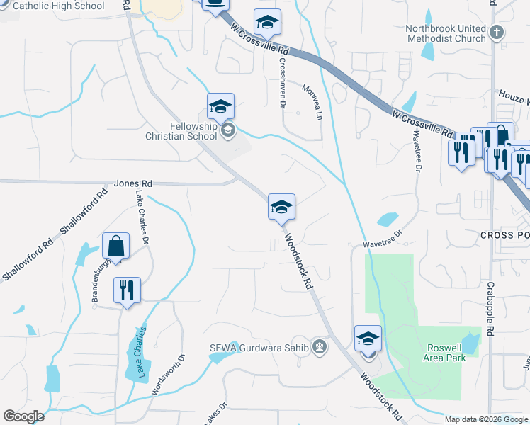 map of restaurants, bars, coffee shops, grocery stores, and more near 10910 Woodstock Road in Roswell