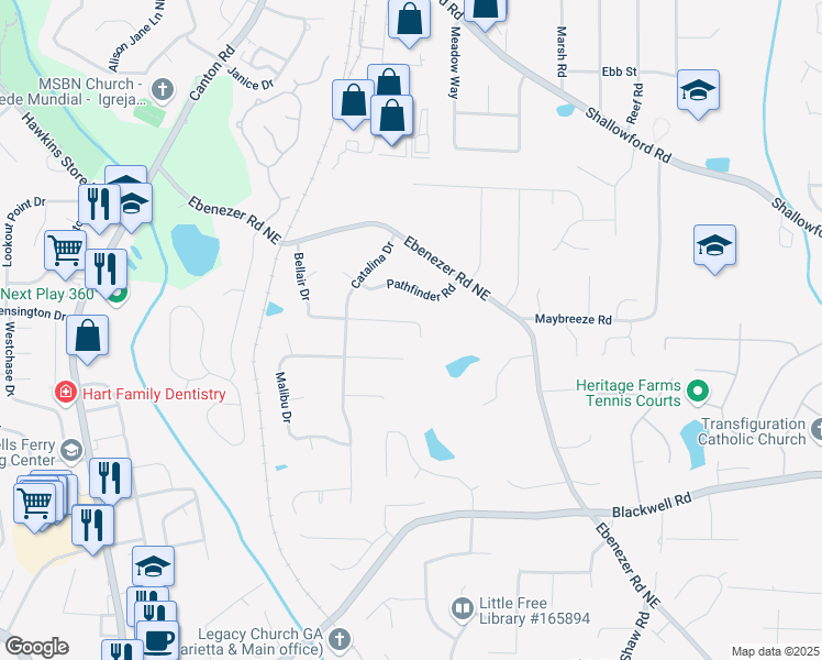 map of restaurants, bars, coffee shops, grocery stores, and more near 1186 Lincoln Drive in Marietta