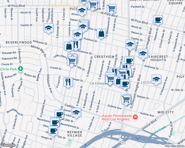 map of restaurants, bars, coffee shops, grocery stores, and more near 1801 South Bedford Street in Los Angeles