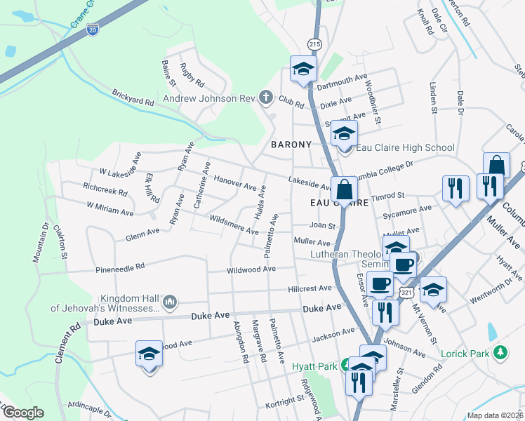 map of restaurants, bars, coffee shops, grocery stores, and more near 4430 Hulda Avenue in Columbia