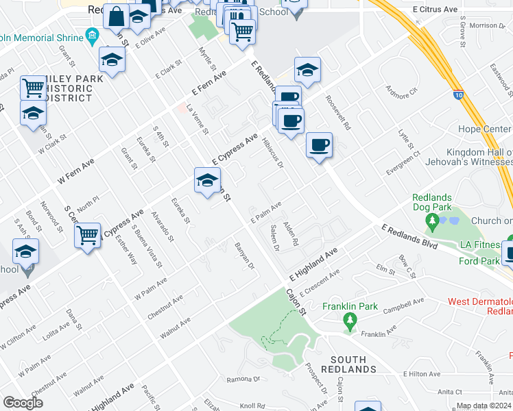 map of restaurants, bars, coffee shops, grocery stores, and more near 21 West Palm Lane Drive in Redlands