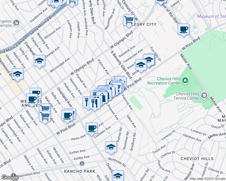 map of restaurants, bars, coffee shops, grocery stores, and more near 10520 Almayo Avenue in Los Angeles