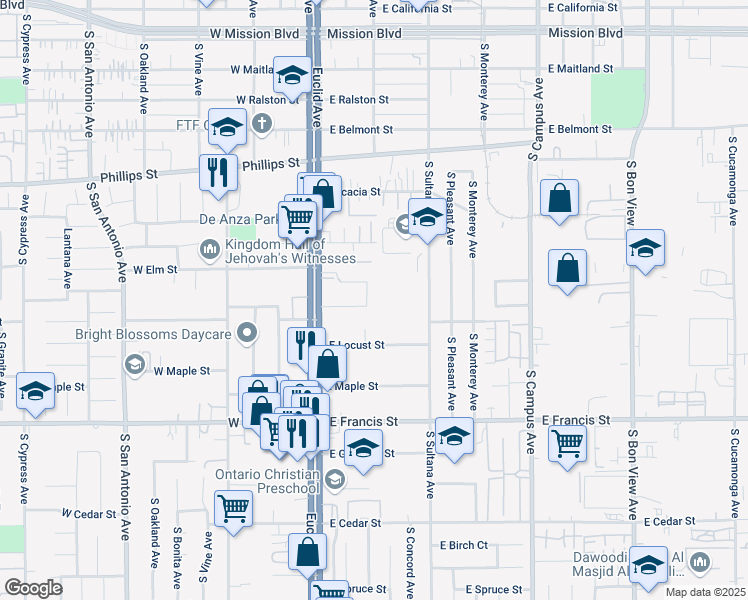 map of restaurants, bars, coffee shops, grocery stores, and more near 204 East De Anza Circle in Ontario