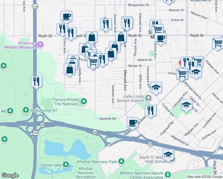 map of restaurants, bars, coffee shops, grocery stores, and more near 9903 Lawton Street in South El Monte